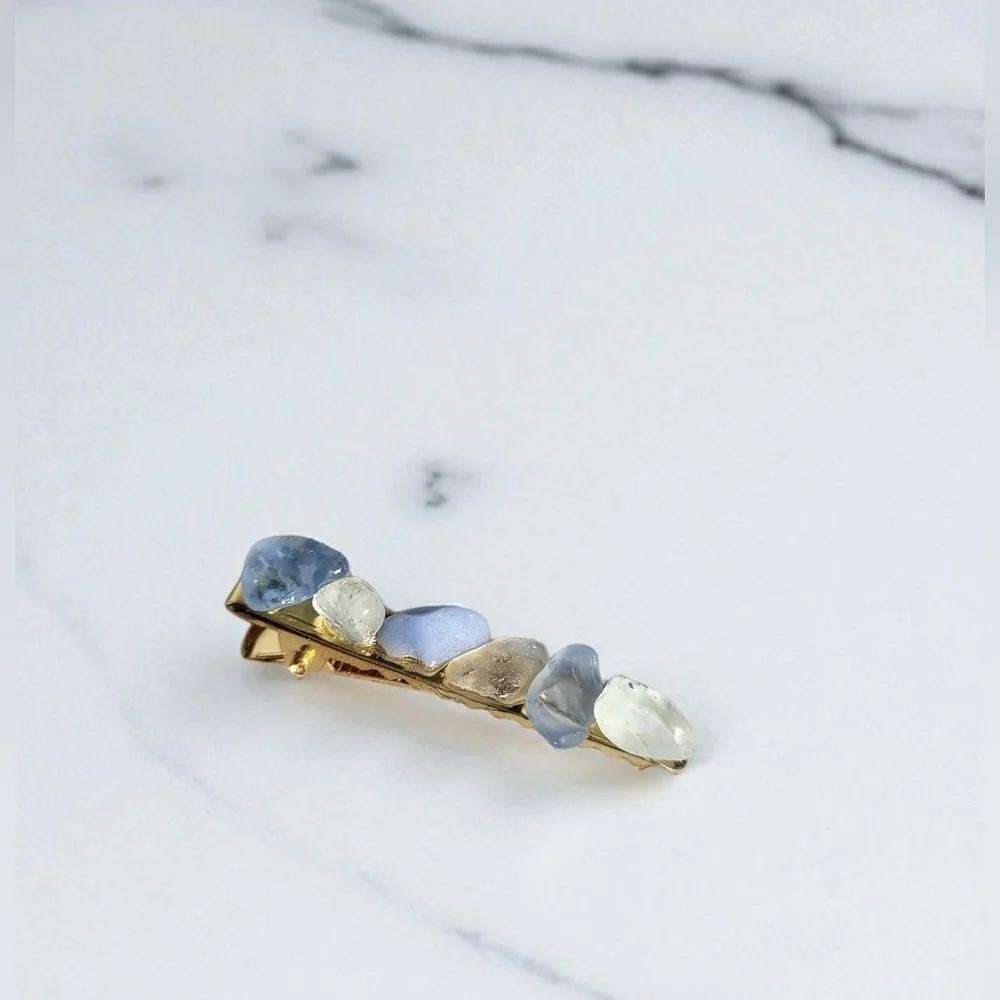 Handmade Sea Glass Barrette Hair Clip - Blue & White Beach Glass